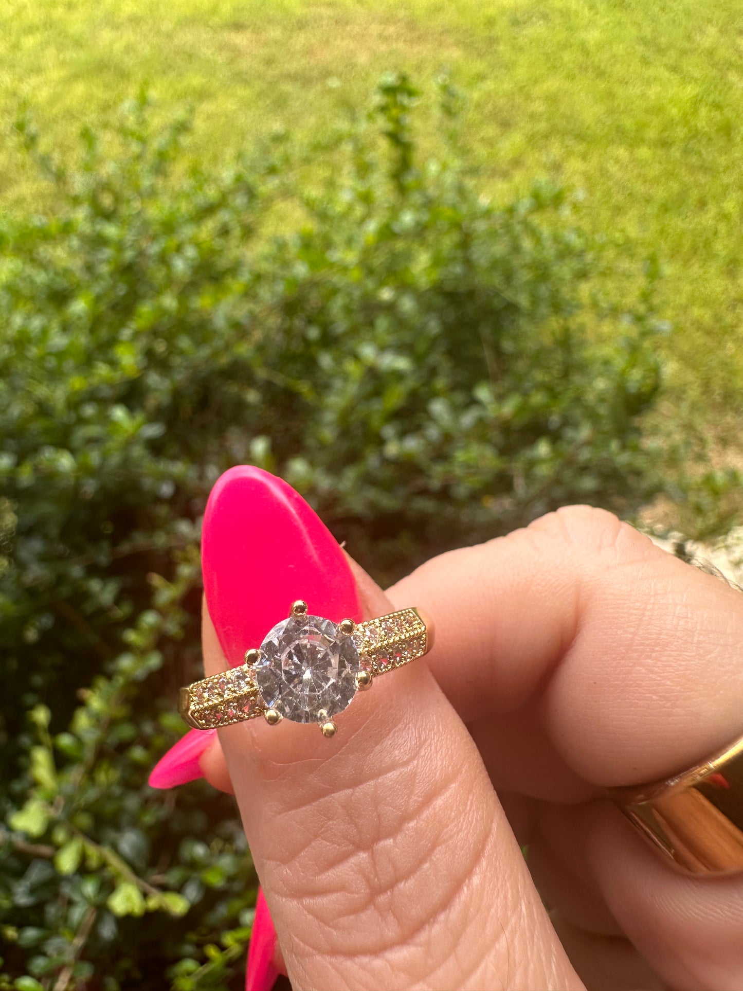 Gold Engagement Ring with Round Clear Stone - Gold
