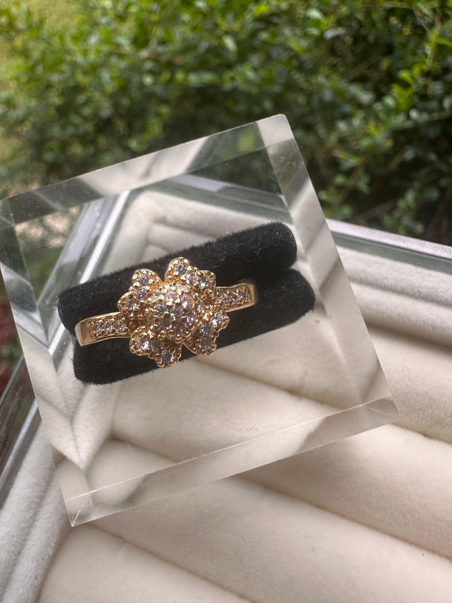 Gold-Tone Floral Cluster Ring with Clear Stones