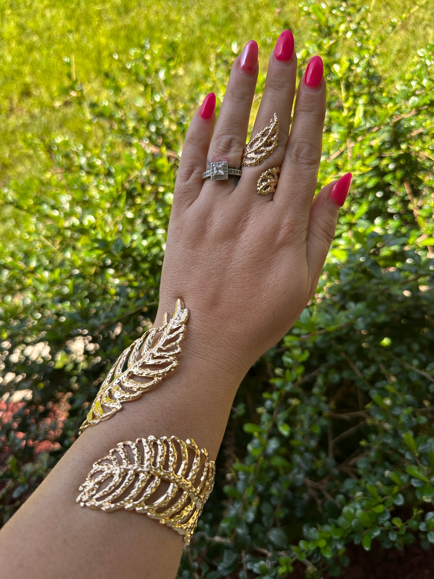 Gold Leaf Bracelet and Matching Ring Set - Gold Tone Women’s Jewelry