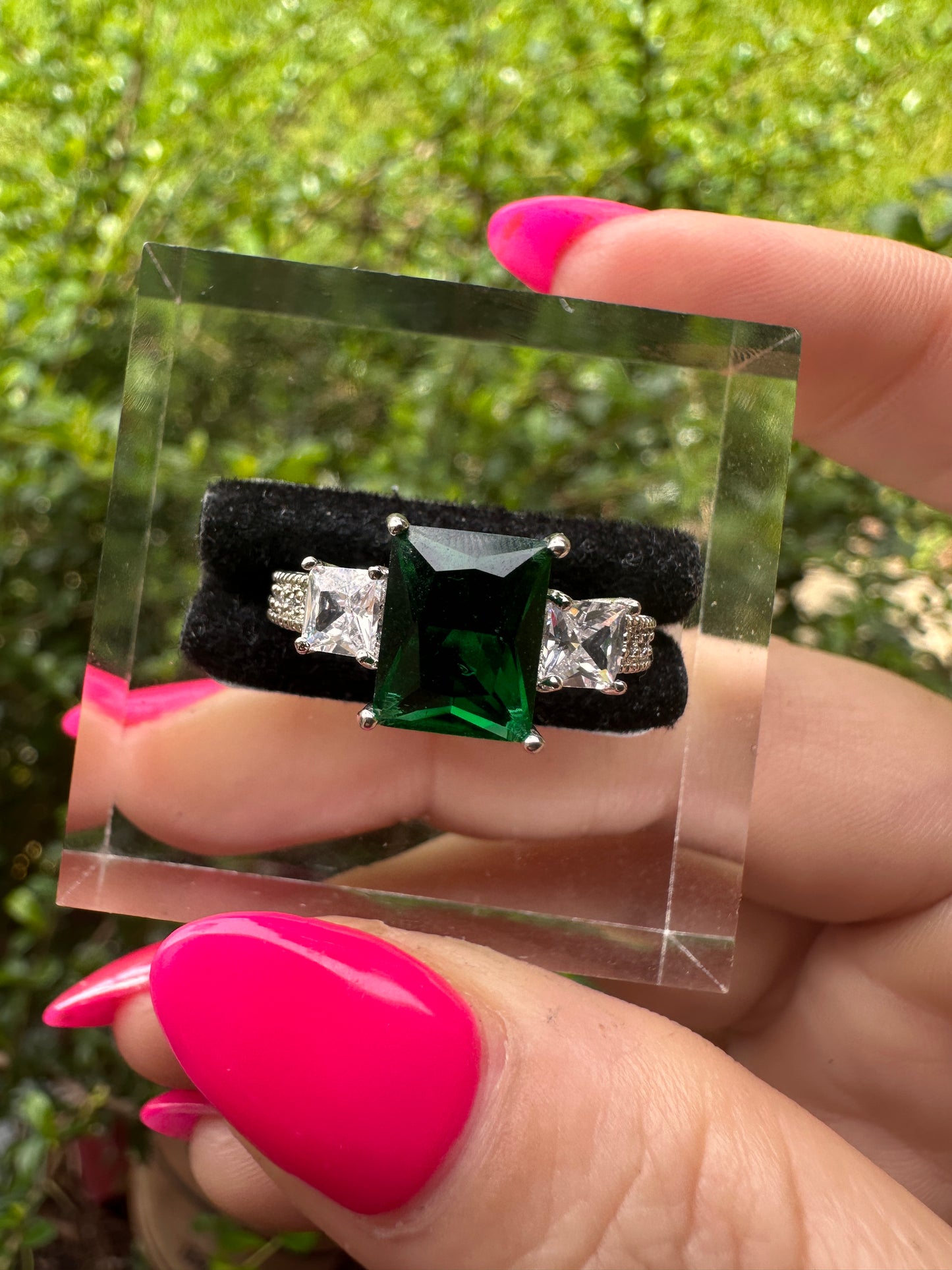 Emerald Green Three-Stone Statement Ring