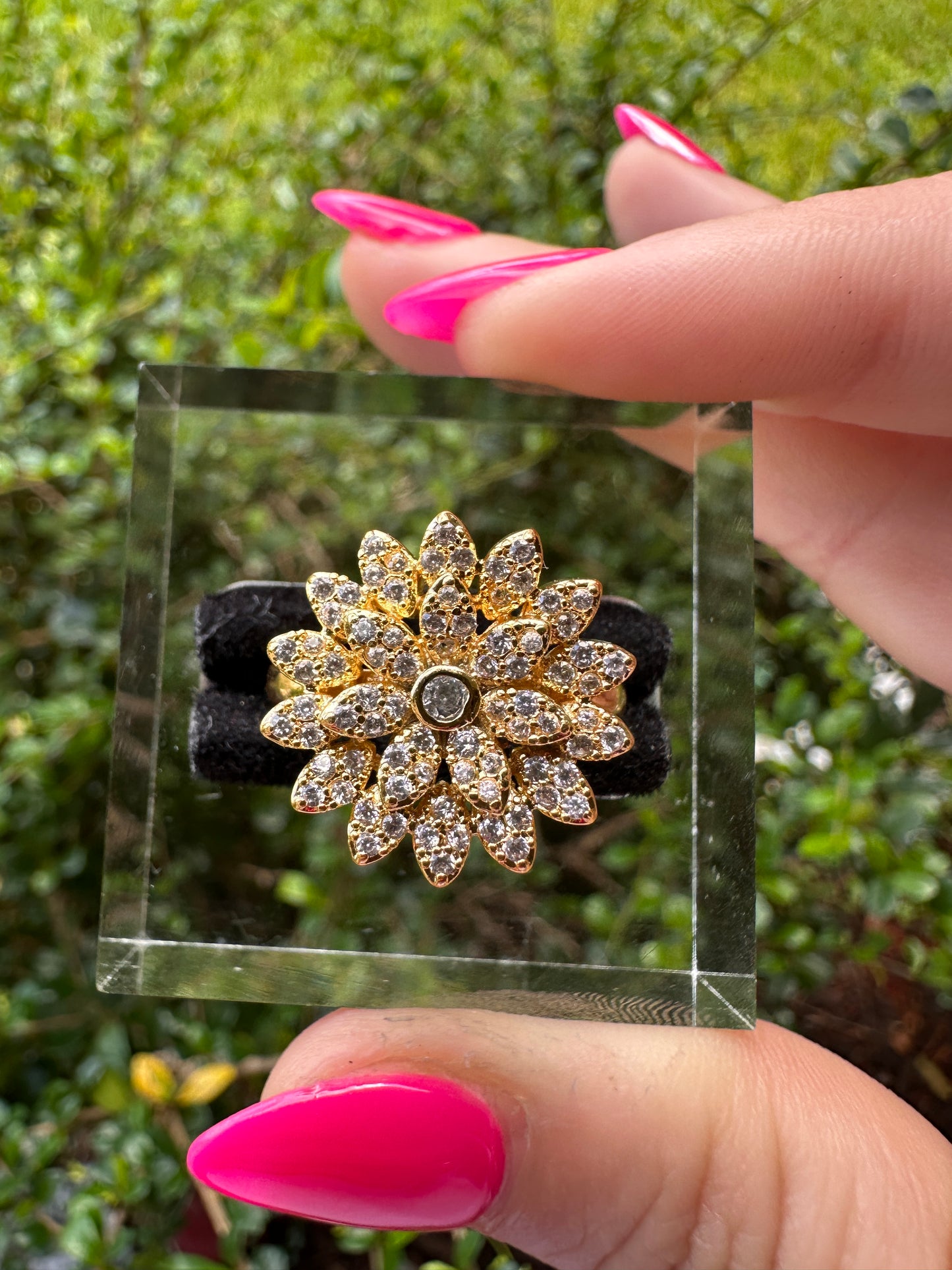 Gold Floral Crystal Statement Ring