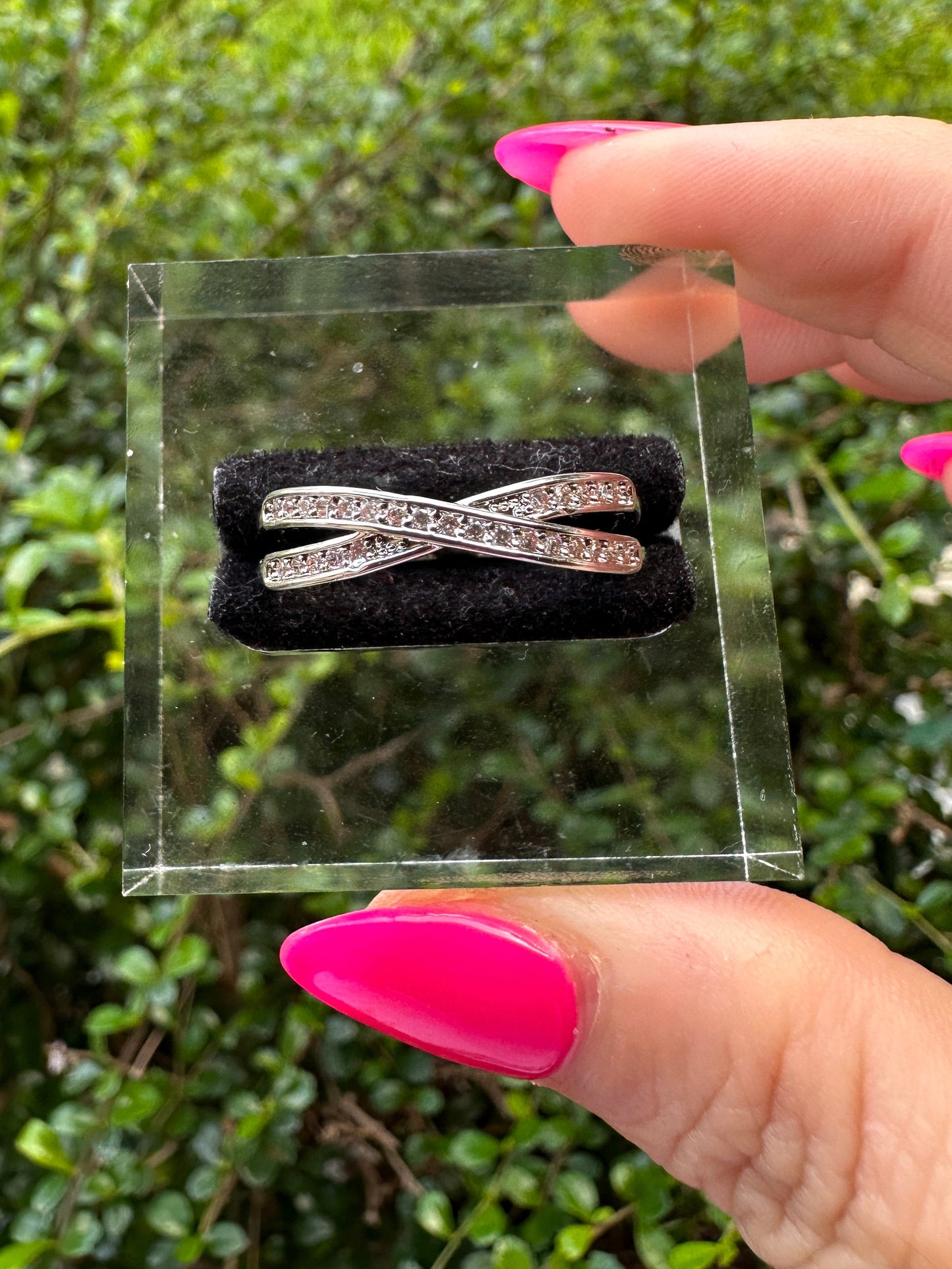 Silver Crisscross Rhinestone Ring - Silver