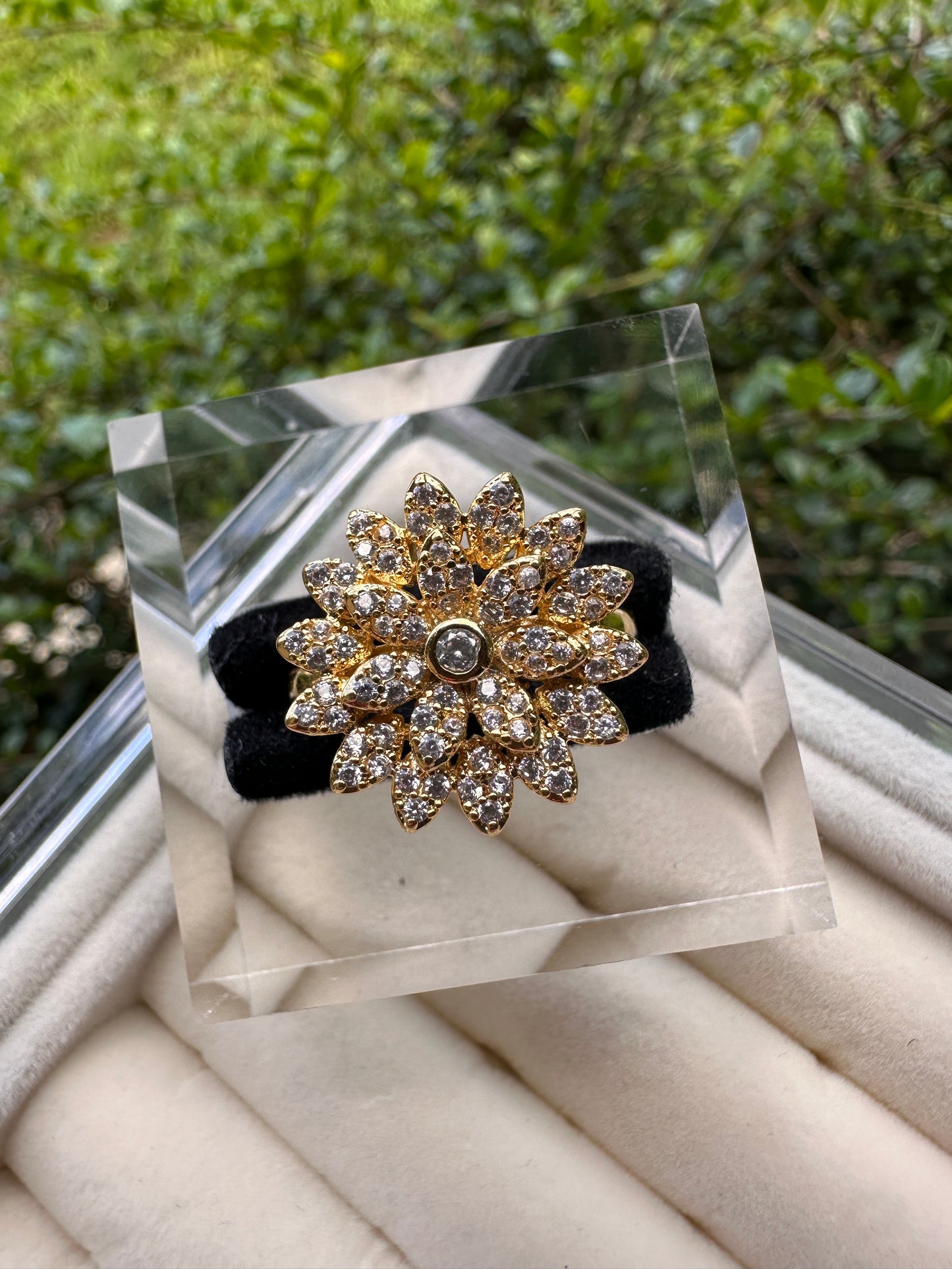 Gold Floral Crystal Statement Ring