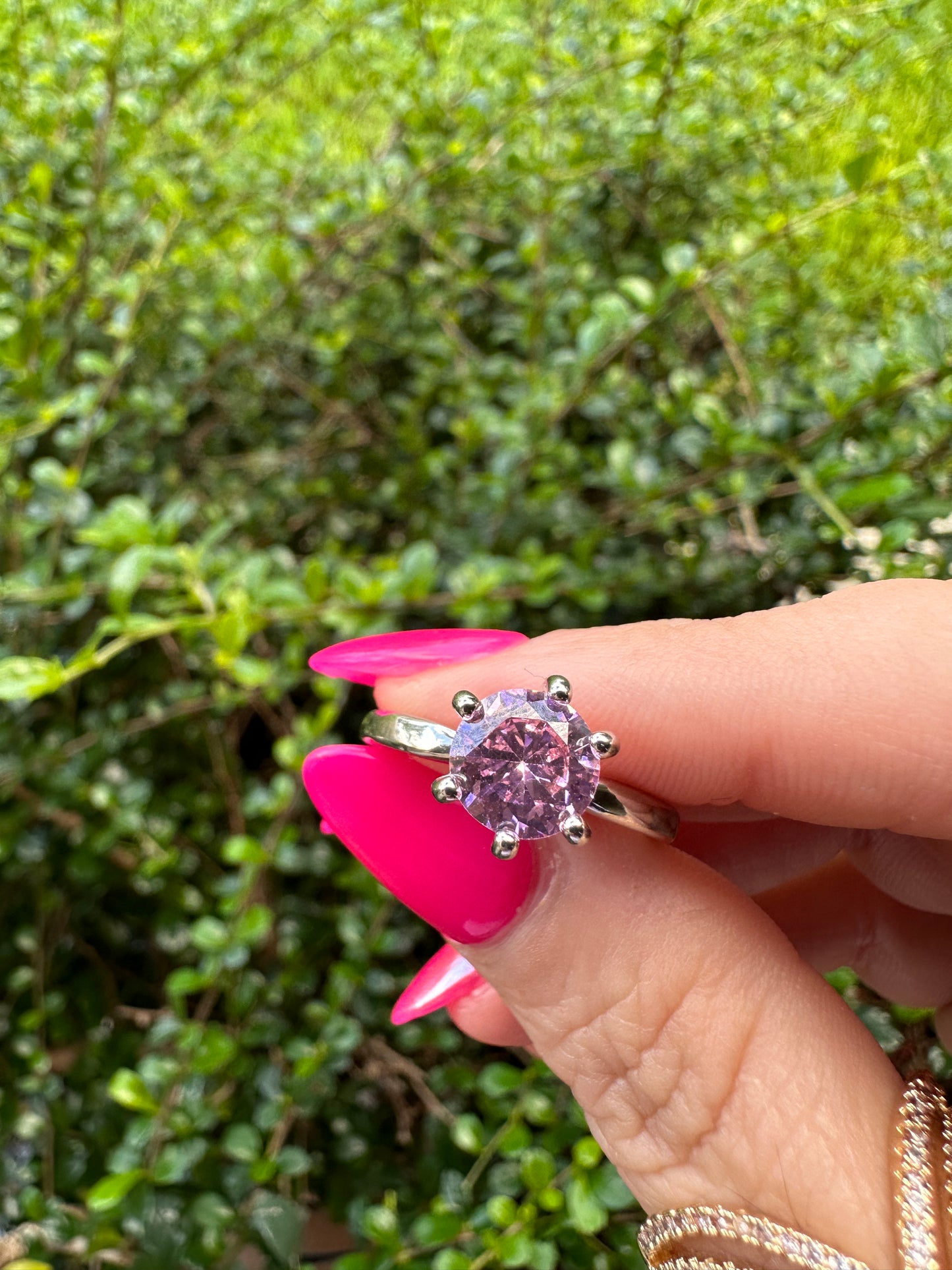 Pink Cubic Zirconia Solitaire Ring - Silver Tone
