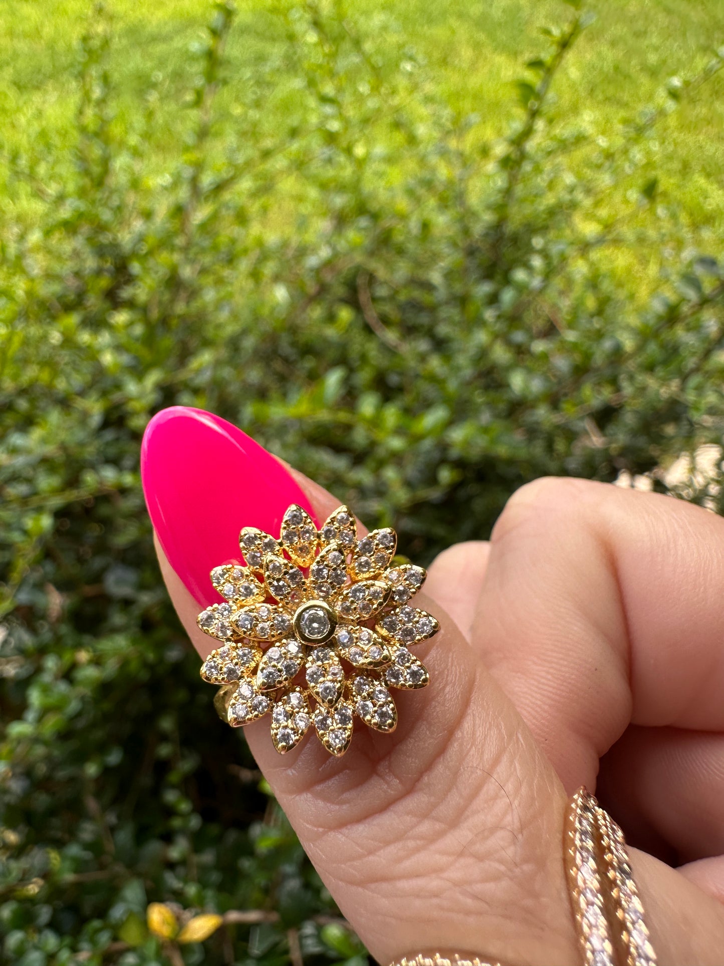 Gold Floral Crystal Statement Ring