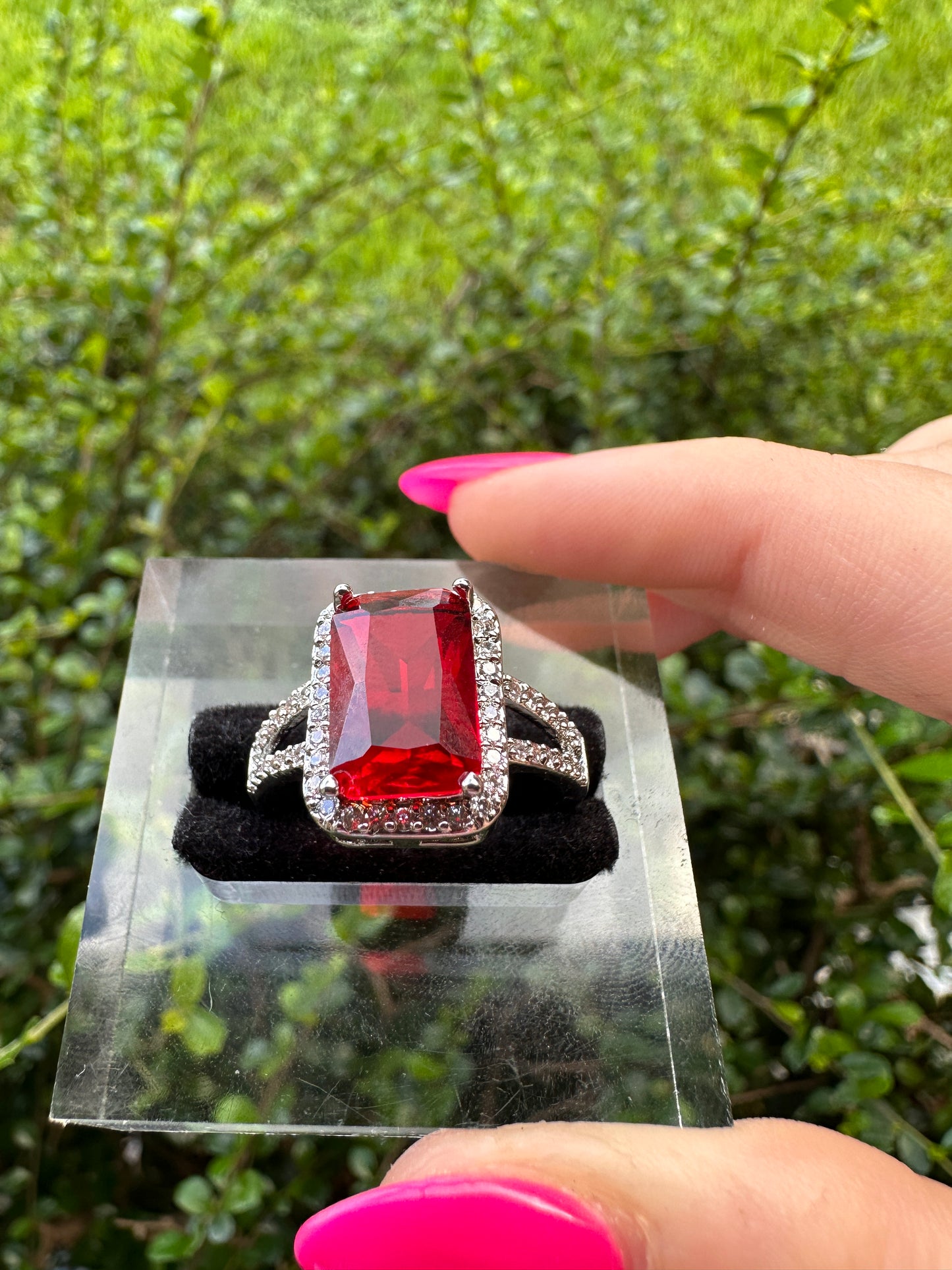 Silver Cocktail Ring with Large Red Emerald-Cut Stone