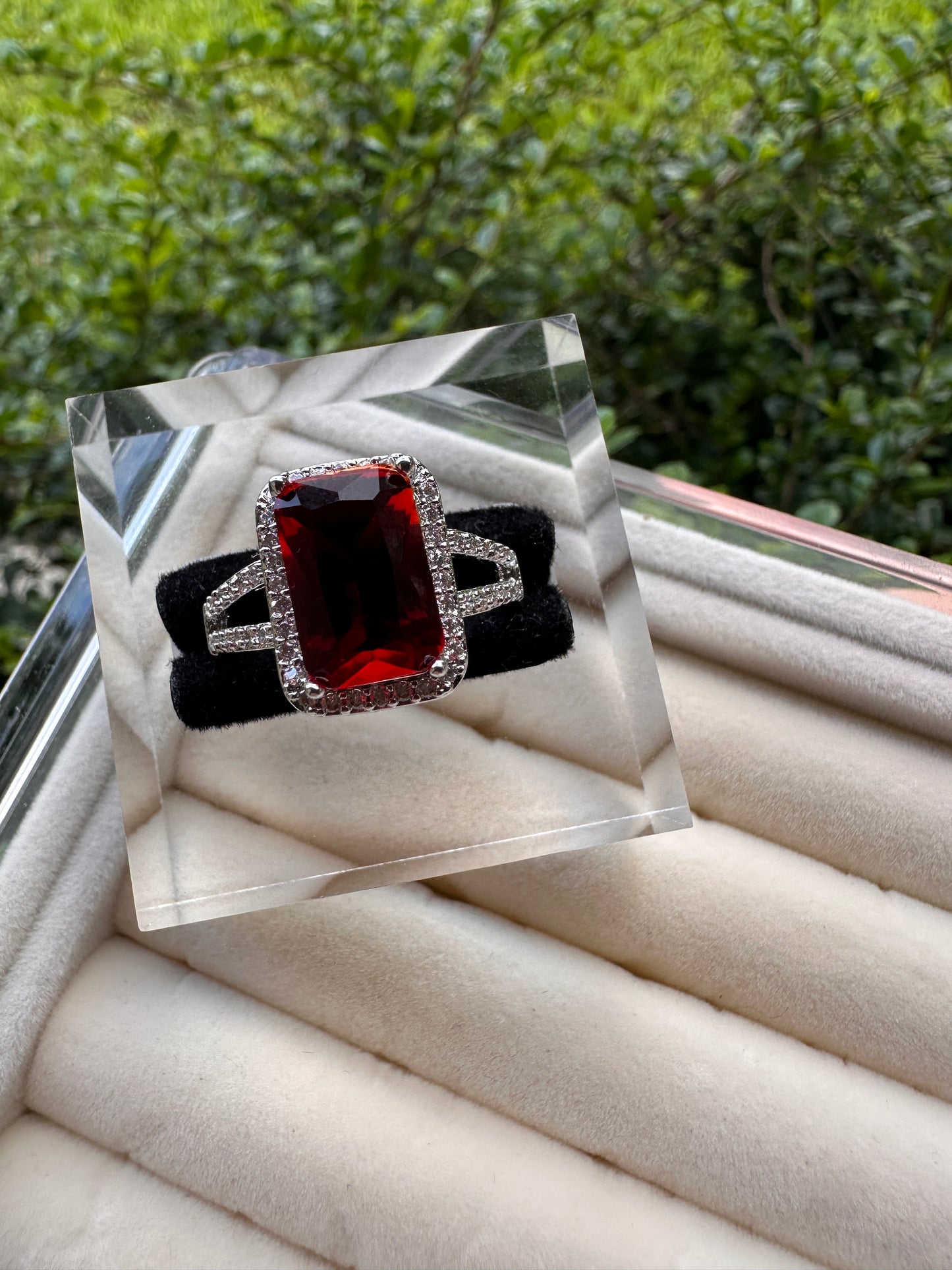 Silver Cocktail Ring with Large Red Emerald-Cut Stone