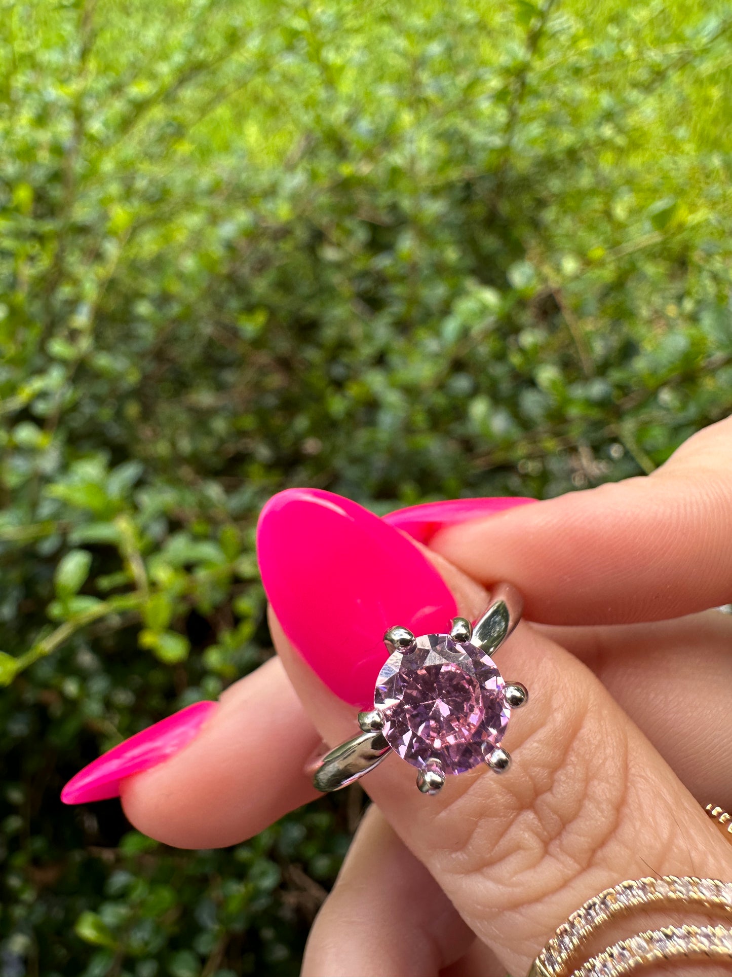 Pink Cubic Zirconia Solitaire Ring - Silver Tone