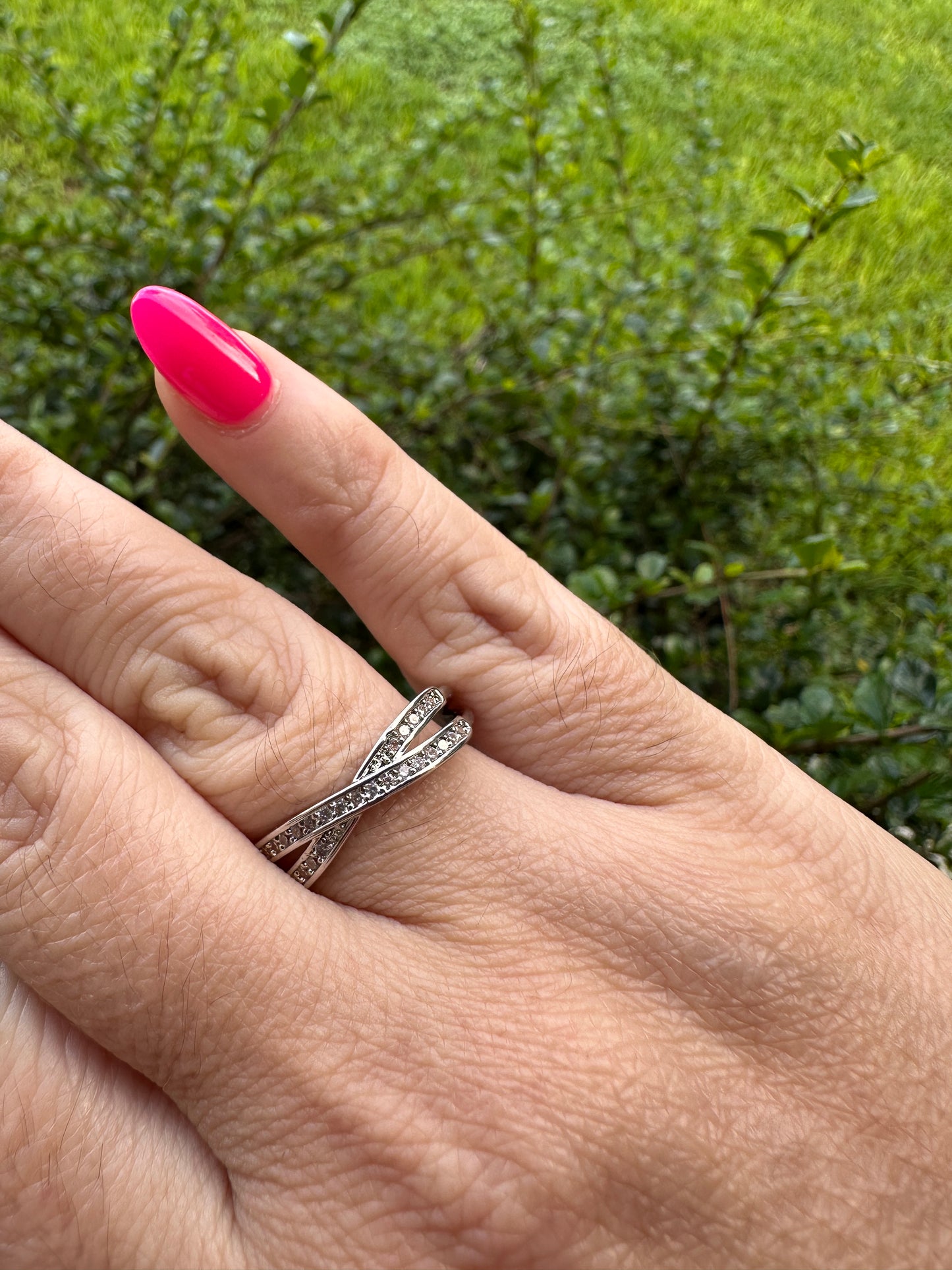 Silver Crisscross Rhinestone Ring - Silver