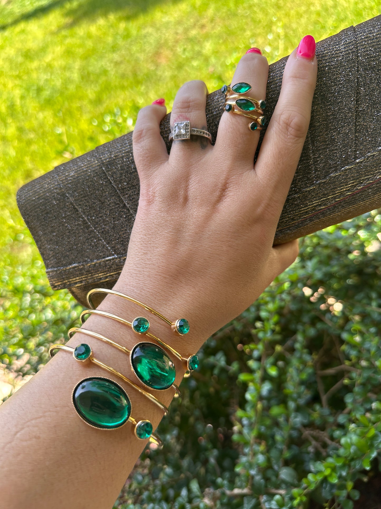 Gold-Tone Cuff Bracelet with Emerald Green Cabochon Stones
