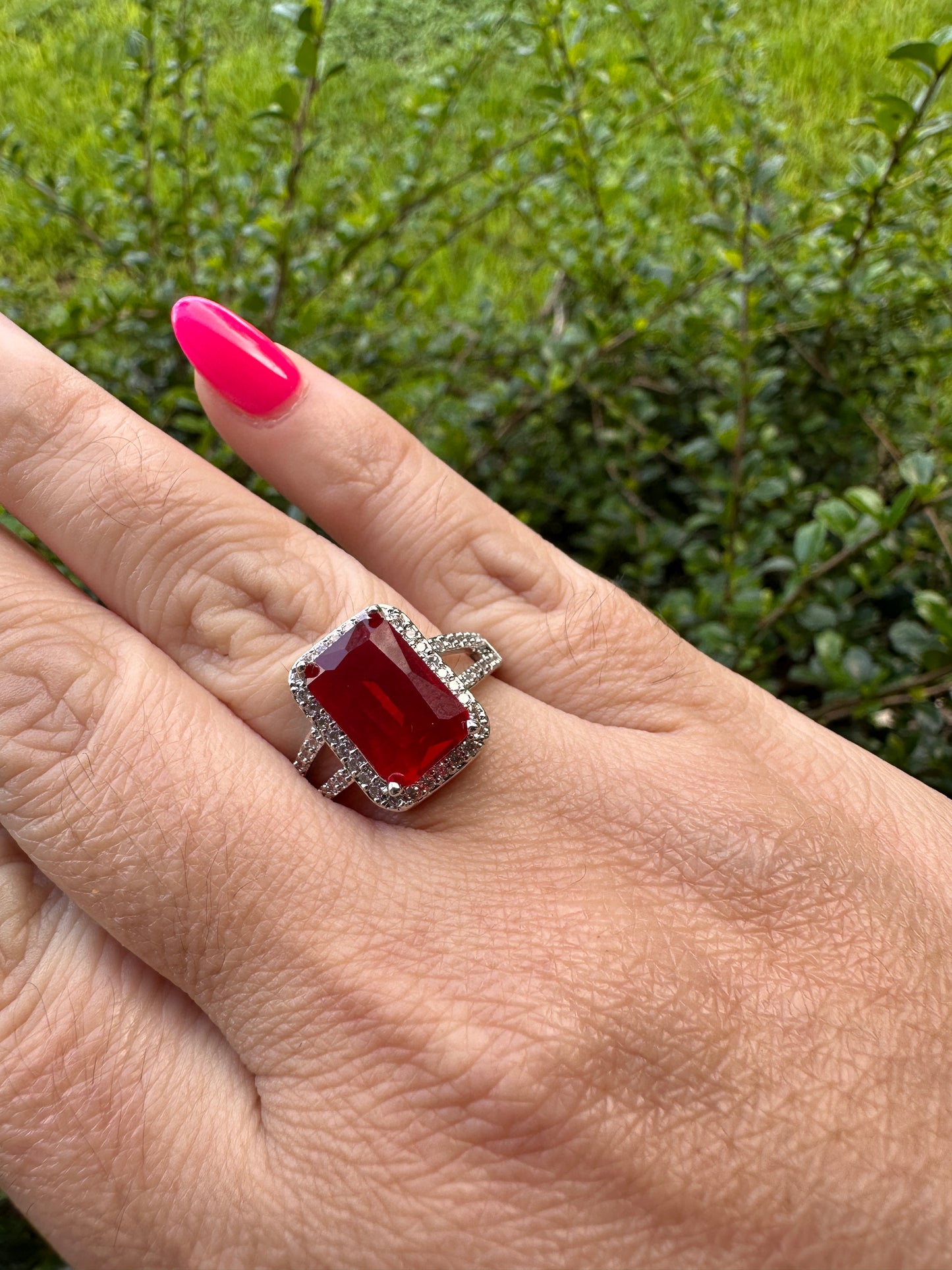 Silver Cocktail Ring with Large Red Emerald-Cut Stone