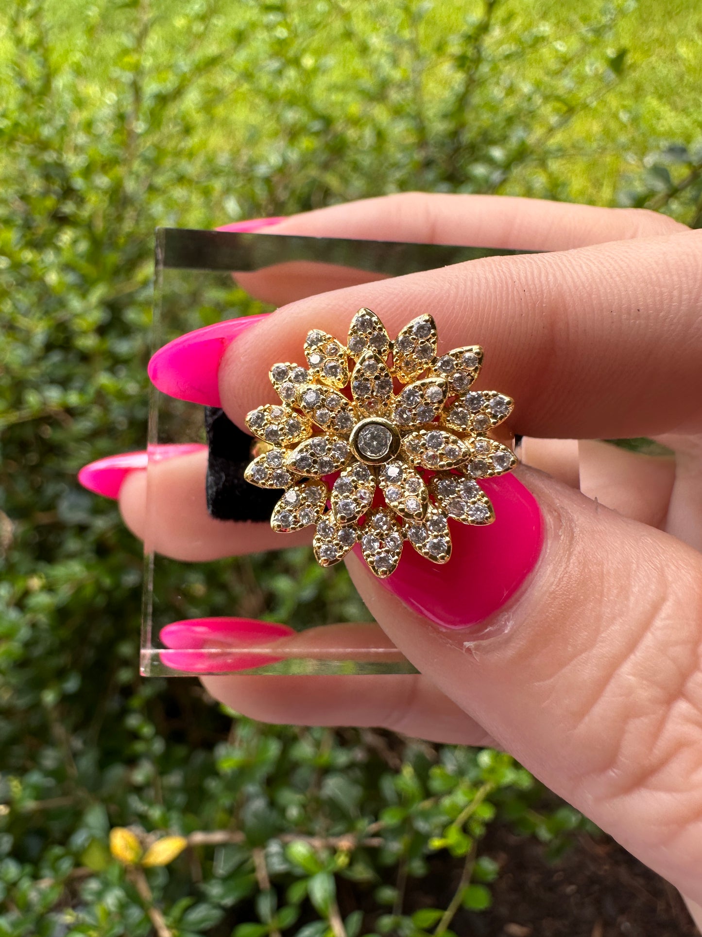Gold Floral Crystal Statement Ring