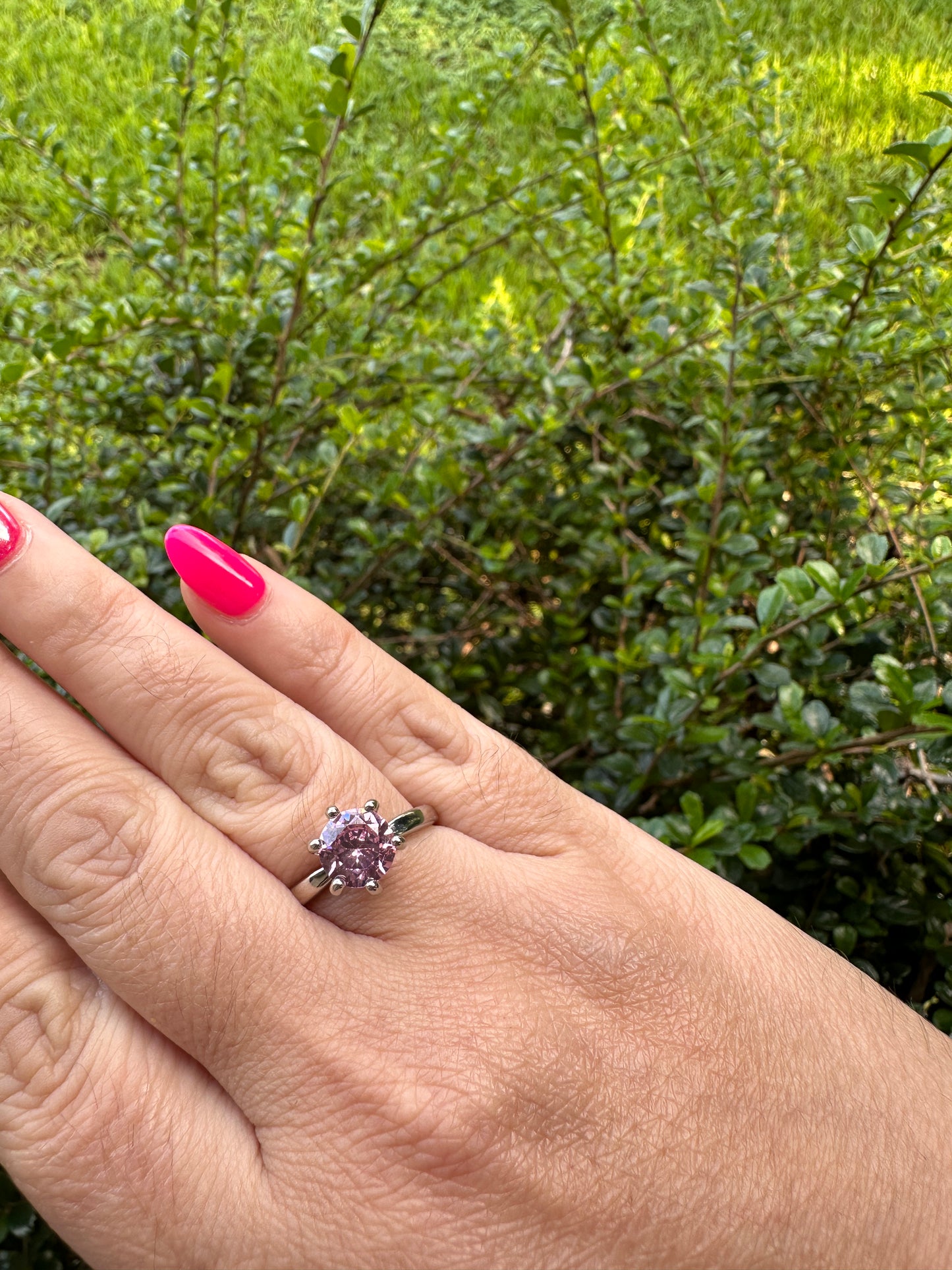 Pink Cubic Zirconia Solitaire Ring - Silver Tone