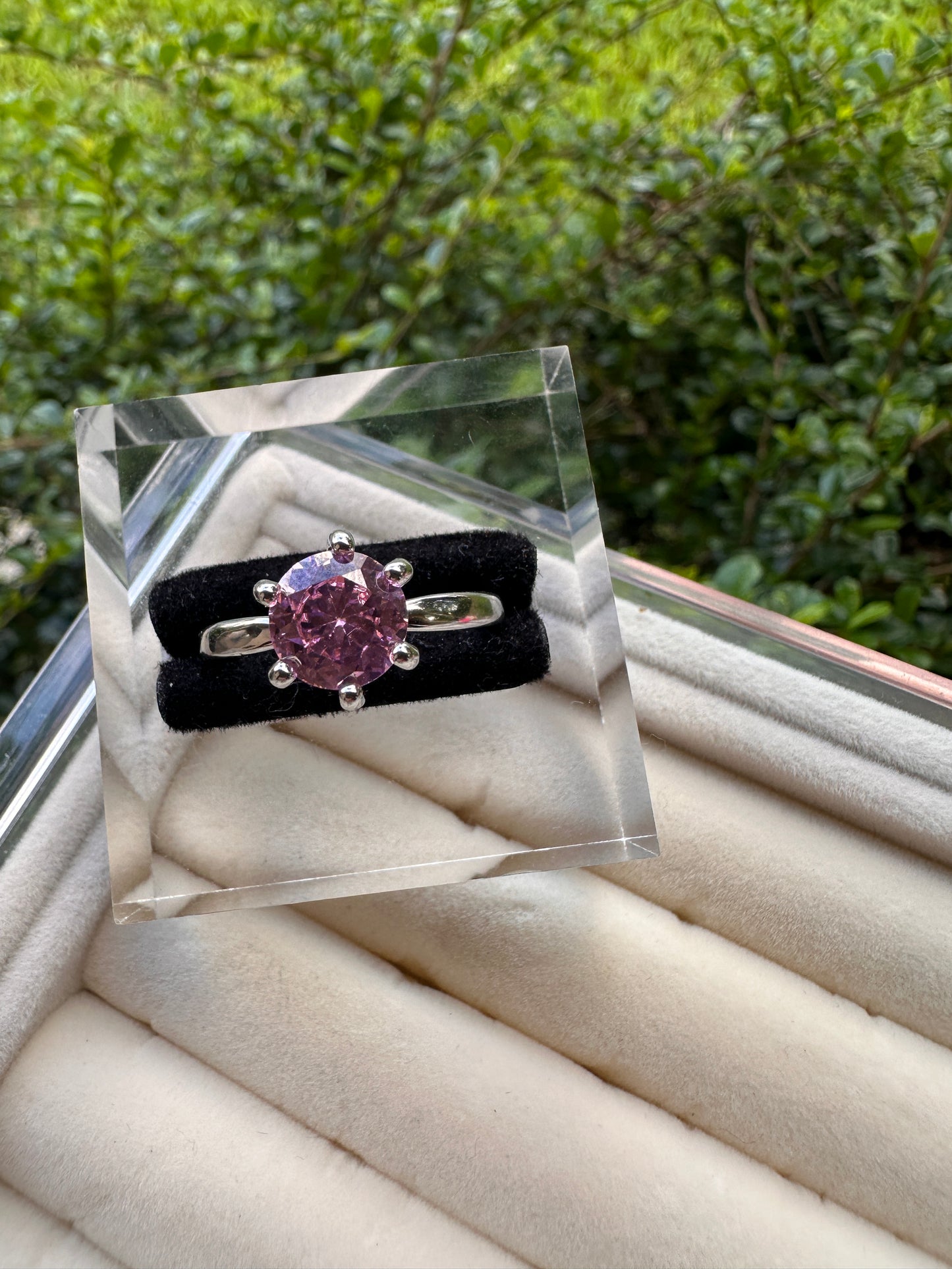 Pink Cubic Zirconia Solitaire Ring - Silver Tone