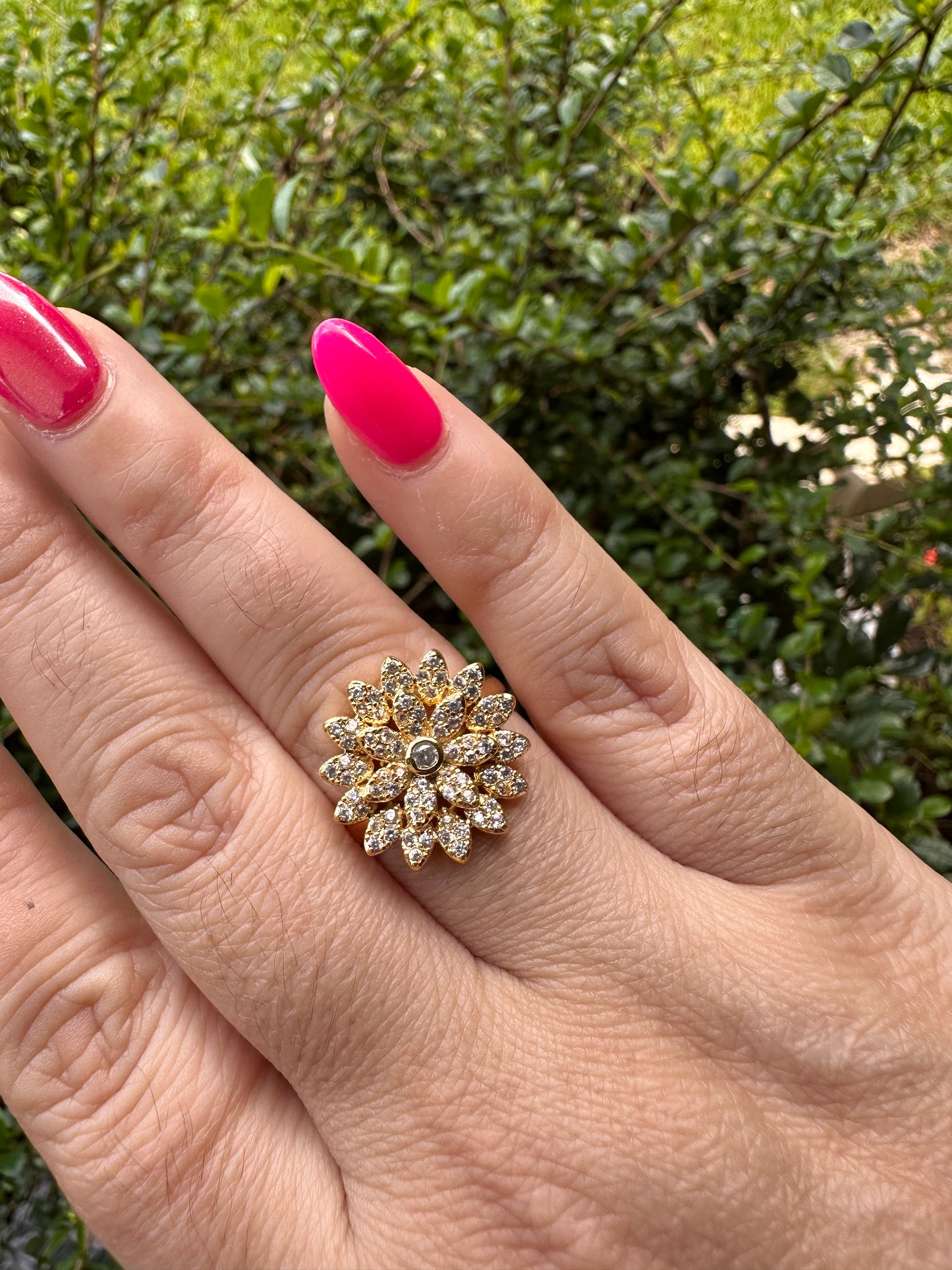 Gold Floral Crystal Statement Ring