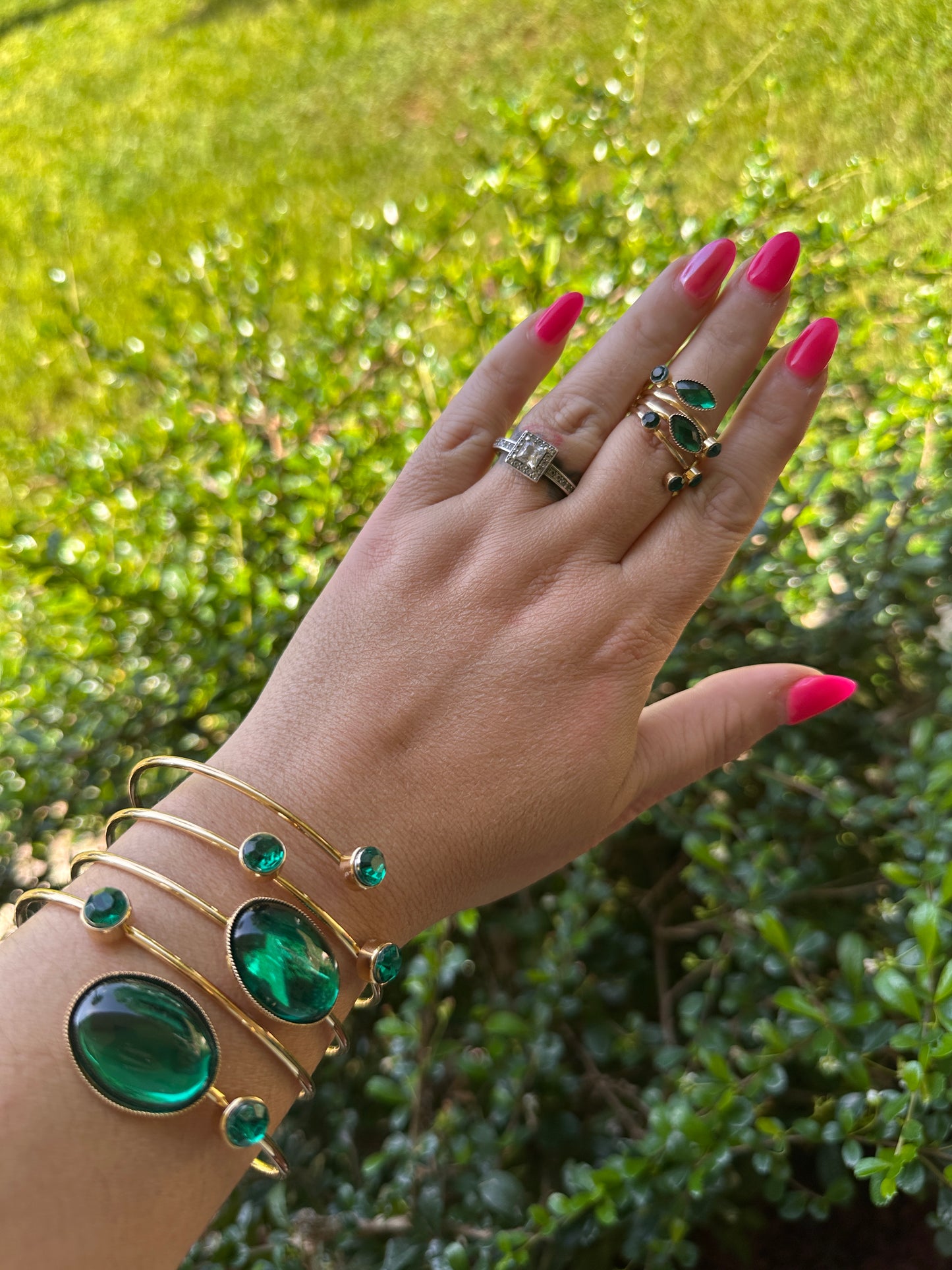 Gold-Tone Cuff Bracelet with Emerald Green Cabochon Stones