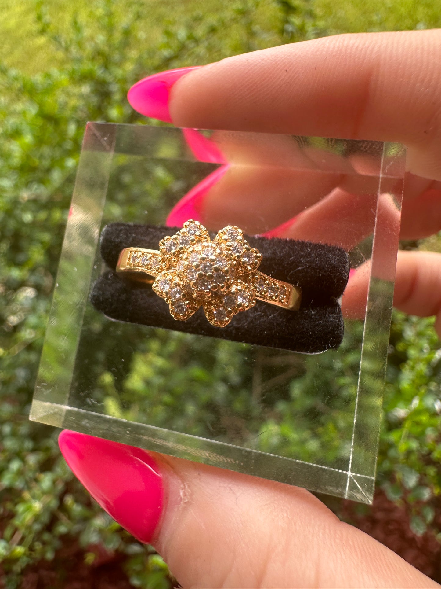 Gold-Tone Floral Cluster Ring with Clear Stones