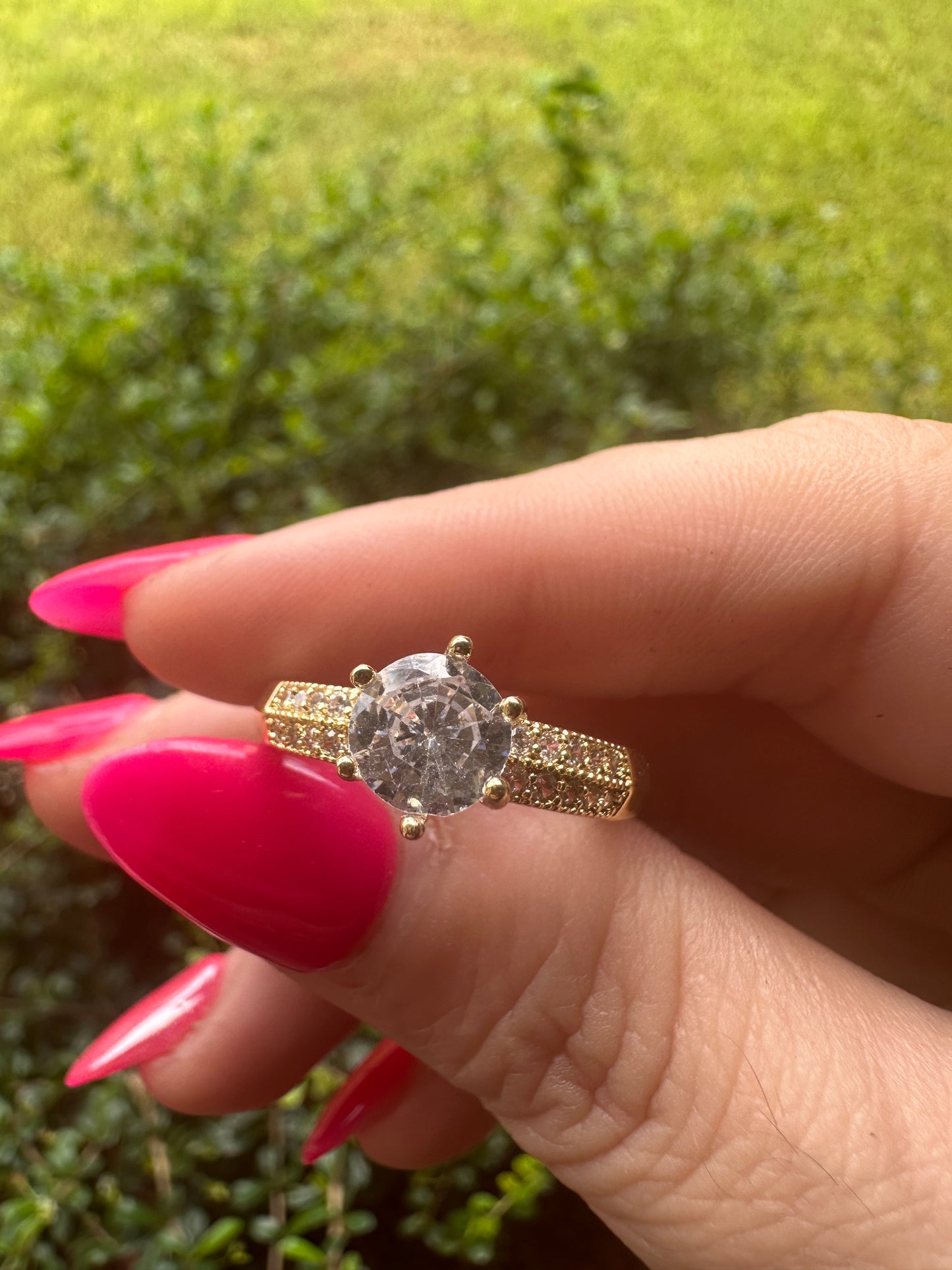 Gold Engagement Ring with Round Clear Stone - Gold