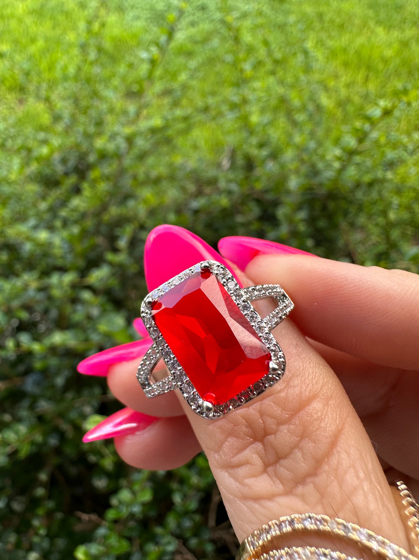 Silver Cocktail Ring with Large Red Emerald-Cut Stone