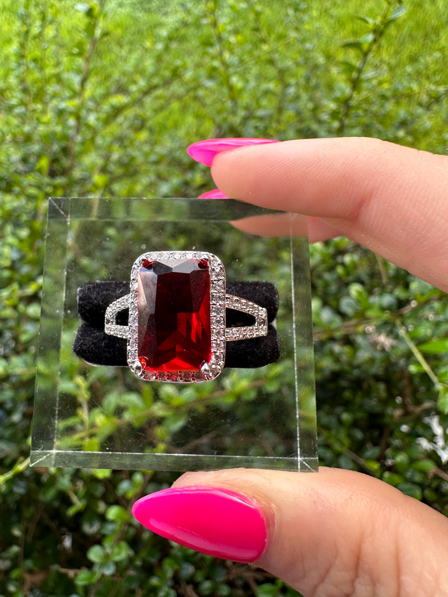 Silver Cocktail Ring with Large Red Emerald-Cut Stone